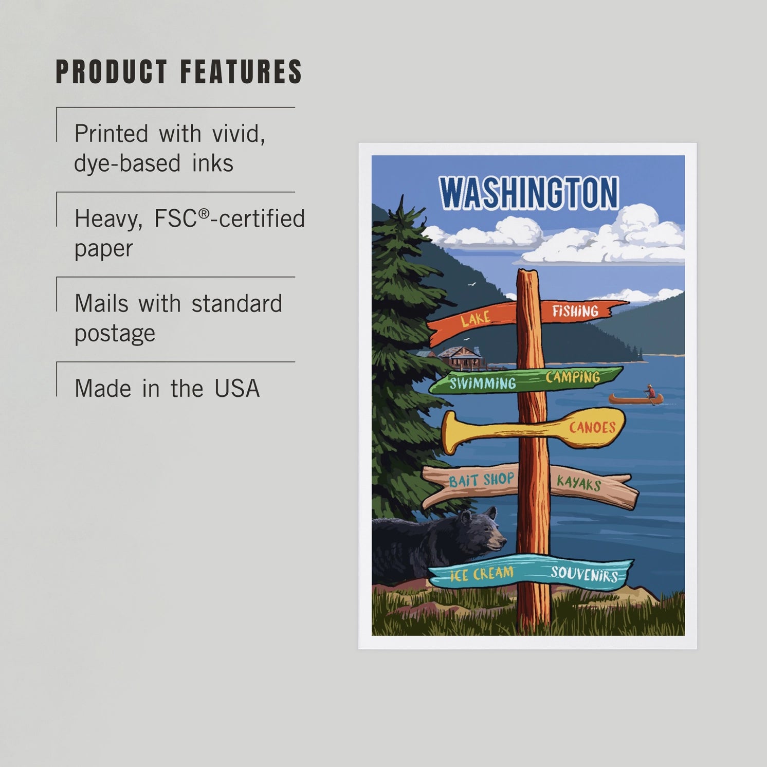 Premium Postcards Washington, Signpost, Lake & Bear