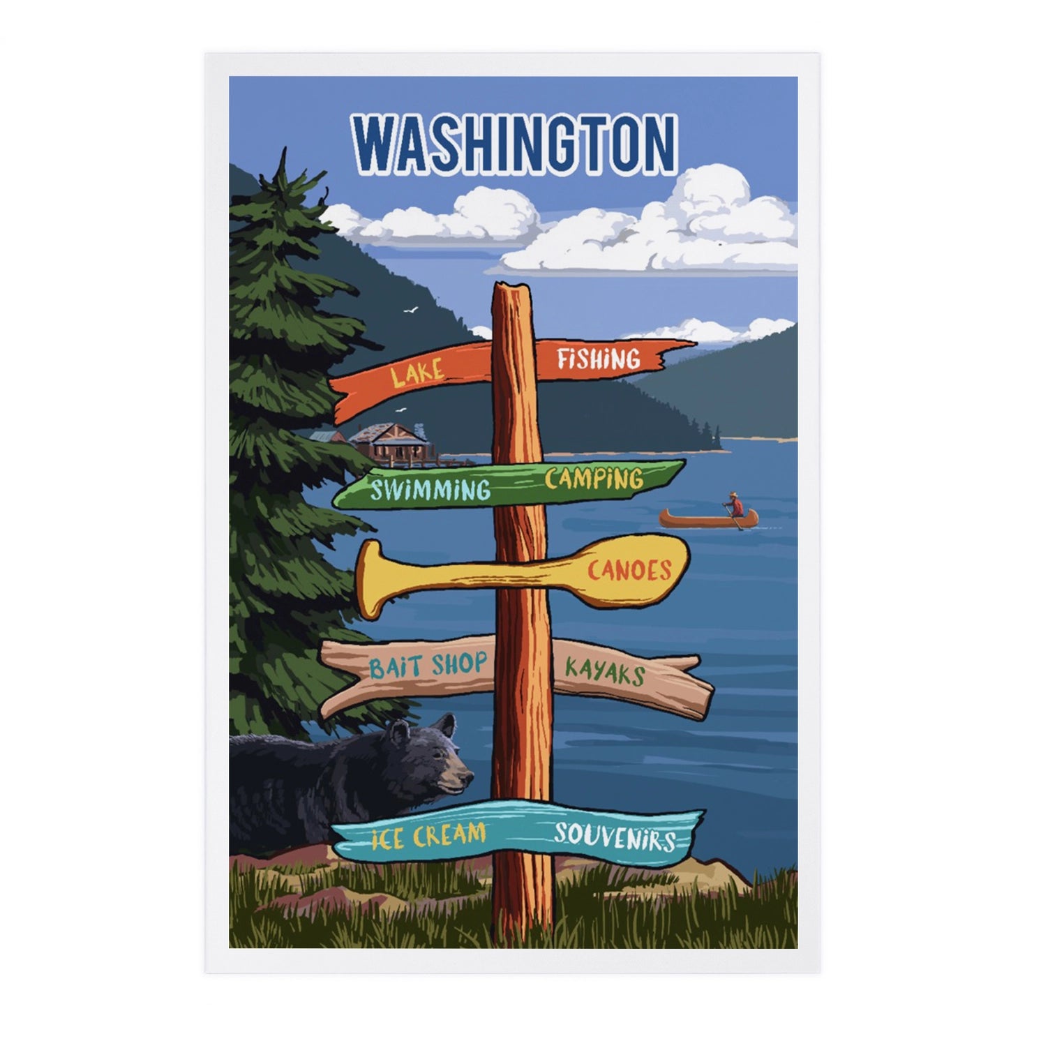 Premium Postcards Washington, Signpost, Lake & Bear